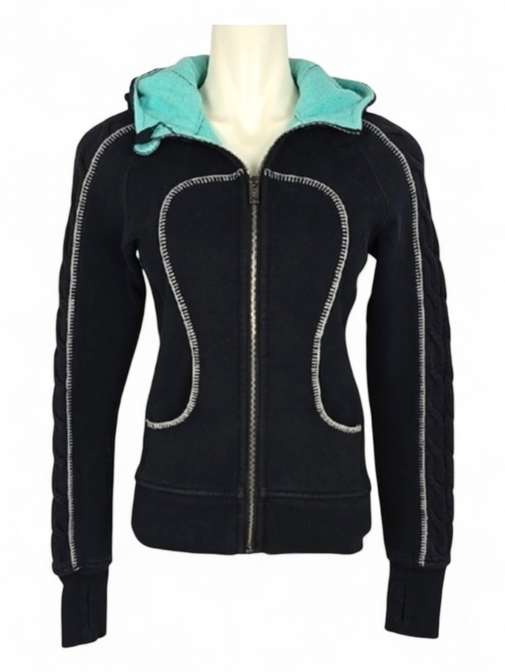 Lululemon Scuba Hoodie Black Full Zip Black Teal Cable Knit Fleece Lined Size 4